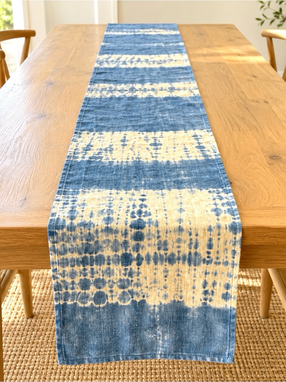 100% Linen Table Runner 18x100 Blue Cream Shibori Style Boho Coastal